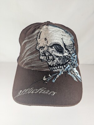 Affliction SnapBack Cap Hat Men s White Skulls Brown Embroidered Y2K Vintage
