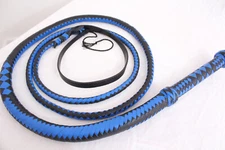 BLUE & BLACK 8 Ft Bullwhip, Genuine Leather, 12 Plaited, Double Belly Bull Whip