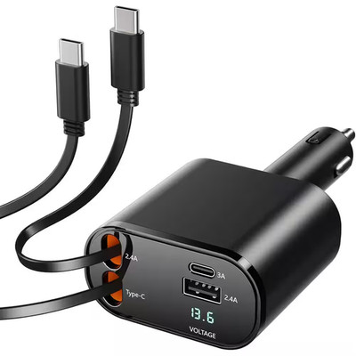 4 in 1 Retractable Car Charger Adapter Super Fast Charge 66W with Cables and USB