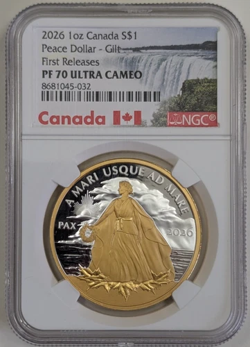 2026 Canada Peace Silver Dollar Gilt 1 Oz Silver NGC PF70 First Releases $1 Coin