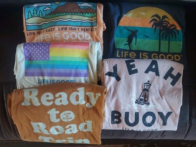 Lot of 5 Life is Good Brand T-Shirts, Men's L, Orange,Brown,Beige, Blue, Pink 