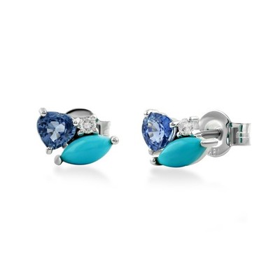 Massive 18K Weißgold echte Türkis Blau Saphir Diamant Trio Ohrstecker