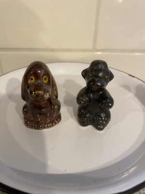 Two Vintage Redware Dogs. Poodle & Hound Figurines Black/ Brown Collectable
