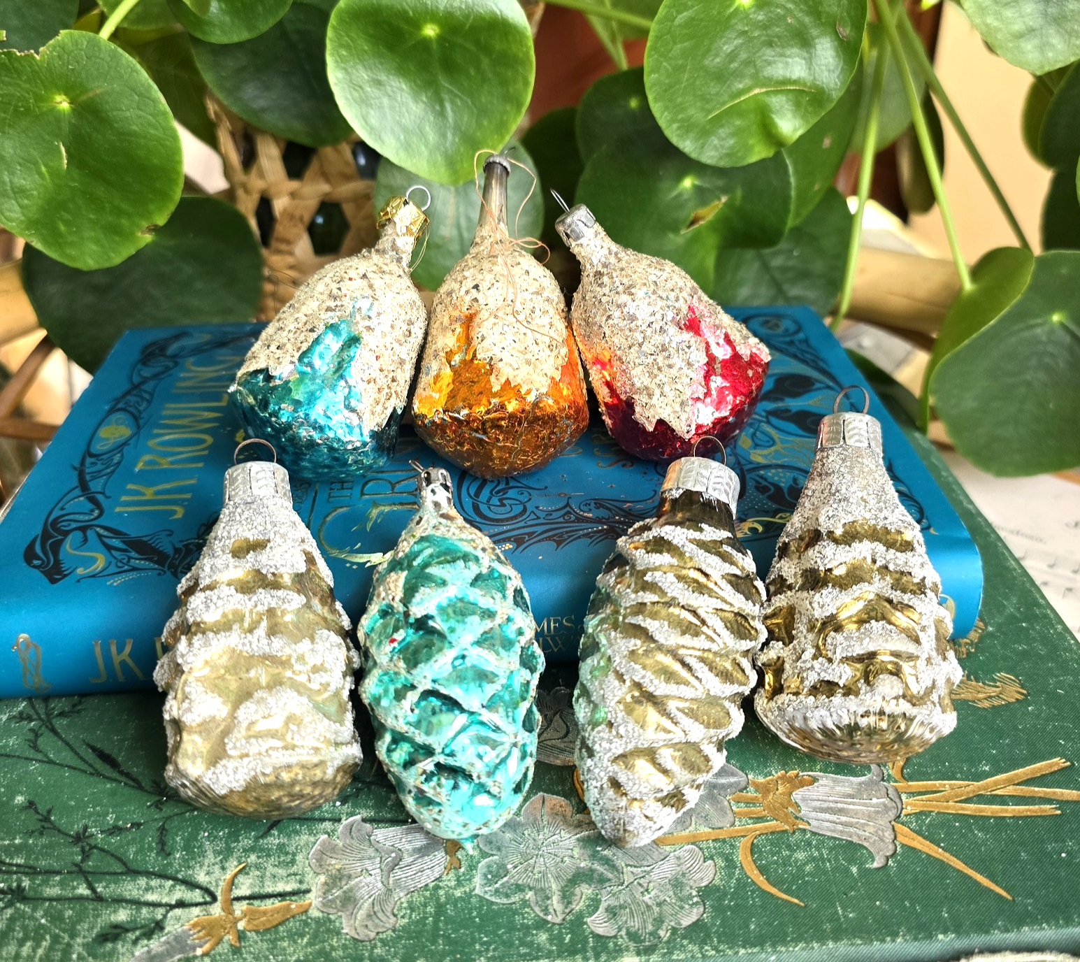 Antique German Lauscha Mercury Glass Christmas Tree Pine Cones 7 Snowy 1930s 50s