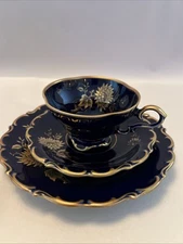 Vtg Lindner Kueps Bavaria Echt Cobalt Gold Jeannette CupSaucer/BreadButter Trio