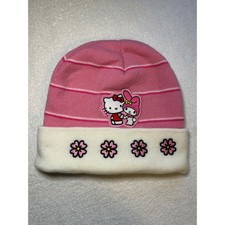 Kids Hello Kitty My Melody Pink Striped Beanie Hat Flowers