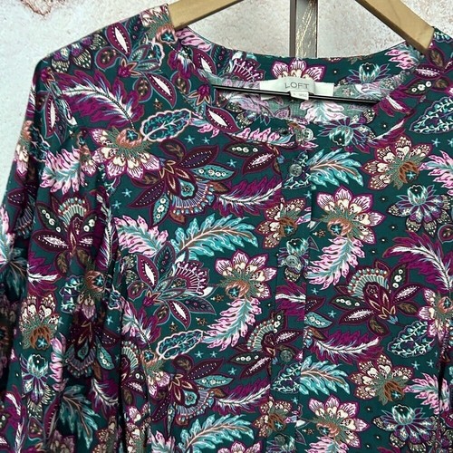 LOFT paisley balloon sleeve top size L button up purple green casual office - Imagen 3 de 5