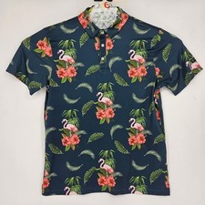 Yatta Golf Polo Shirt Mens Medium Flamingos Hibiscus Short Sleeve Casual Preppy