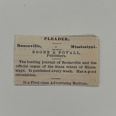 Pleader Boone & Povall Publishers Booneville MS 1890 Newspaper Ad SAI9-S57