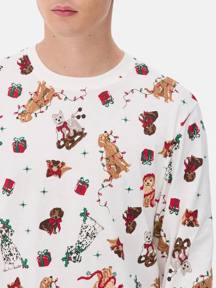 Conjunto de pijama festivo de Navidad con estampado de perrito de algodón para damas o hombres 2XS-2XL Foto 3 de 4