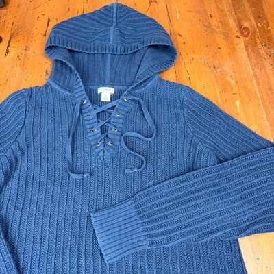 LL Bean Womens S Blue Chunky Ribbed Cotton Lace Up Hooded Sweater Navy Pullover
