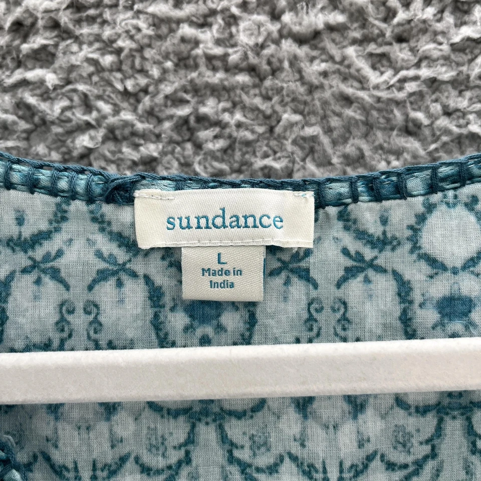 Sundance Dress Large Aqua Blue Print Tiered Ruffle V Neck Maxi Pockets Boho - Image 4 of 4