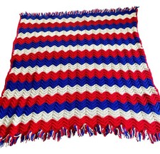 VTG Handmade Crochet Afghan Throw Blanket 48x42 Red White Blue Chevron Ripple