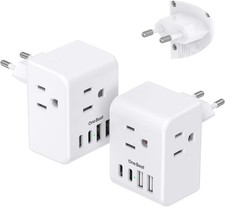 2 Pack European Travel Plug Adapter, International Power Plug Adapter with 3 Out