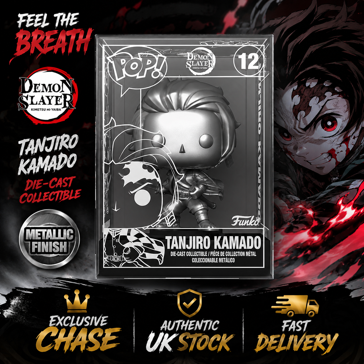 Funko Pop Die Cast Tanjiro Kamado #12 Silver Chase Demon Slayer Exclusive UK New