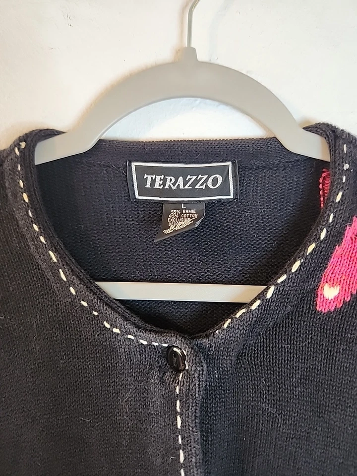 Cárdigan Suéter Vintage Años 90 Terazzo Rosa Gato Art Deco Coches Moderno Grande Foto 4 de 4