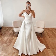 Simple Satin Wedding Dresses Off Shoulder Sleeveless A-line Bridal Gowns Train