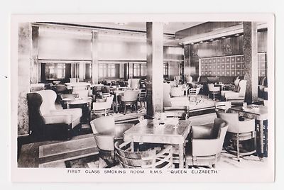 RPPC,R.M.S.Queen Elizabeth,1st Cl.Smoking Room,Ocean Liner,Cunard Line ...