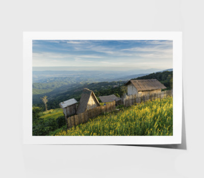 Village Print, Mountain Wall Art, Cloudy Sky Framed Nature Wall Art,Natural