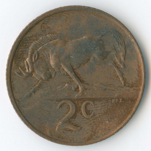 South Africa 1981 2 Cents KM# 83 Bronze Coat of Arms Springbok Wildebeest Value - Picture 3 of 3