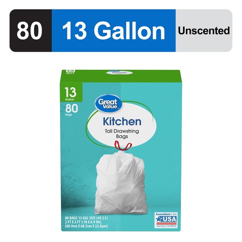Great Value Kitchen Tall Drawstring Bags, 13 Gallon, 80 Count
