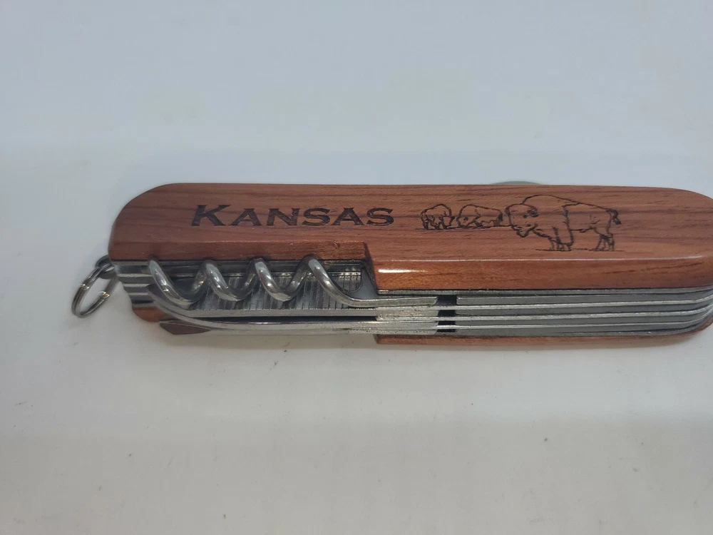 Multi-tool Pocket Knife Bob Kansas Buffalo Engraved  On Wood  Handle