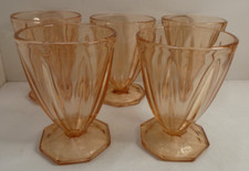 PEACH PINK GLASS DRINKS SET 5 GLASSES  ART DECO LEMONADE CORDIAL DINER CAFE CUPS
