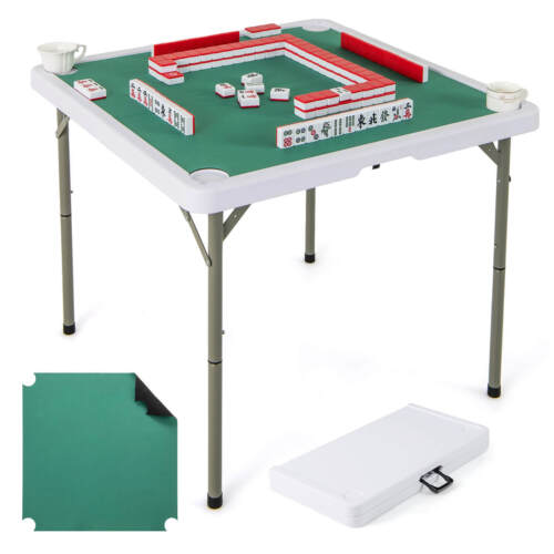 35" Folding Mahjong Table w/Cup Holders & Smooth Felt Mat Carrying Handle