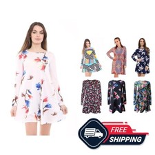 Womens Long Sleeves Swing Dress Ladies Flared Design A-Line Printed Party Top UK