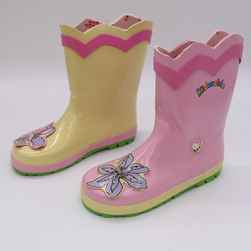 KIDORABLE GIRL'S SIZE 1 RUBBER RAIN BOOTS PINK & YELLOW LADY BUG & LOTUS FLOWER