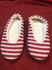 Womens Sz Medium Slipper Socks Striped White Pink Fuzzy Comfy Warm