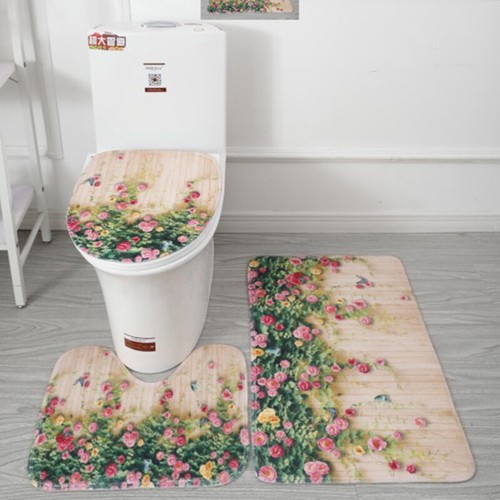 3-Teiliges Badezimmermatten-Set Bedruckte Duschbadematte Rutschfester Bezug ≌ - Bild 11 von 25