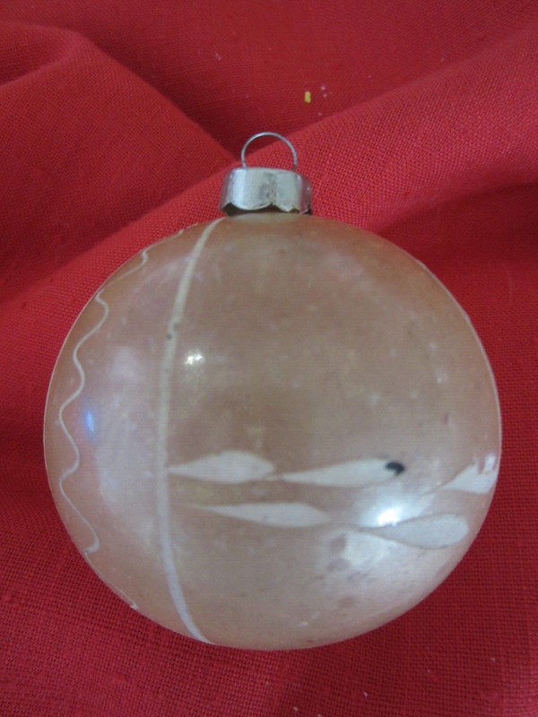Vintage 2.25" GLASS ROUND BALL Christmas ORNAMENT Silver Gold  w/ White Striped