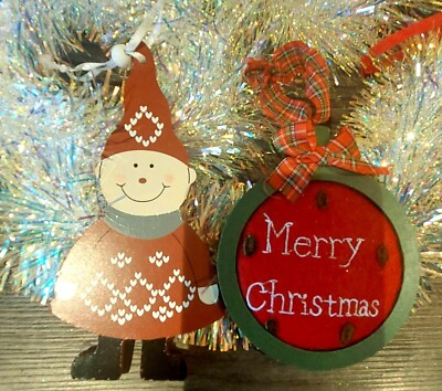 Zwei Vintage Weihnachten Holz Baumschmuck Elfe & Frohe Weihnachten Tischdecke 