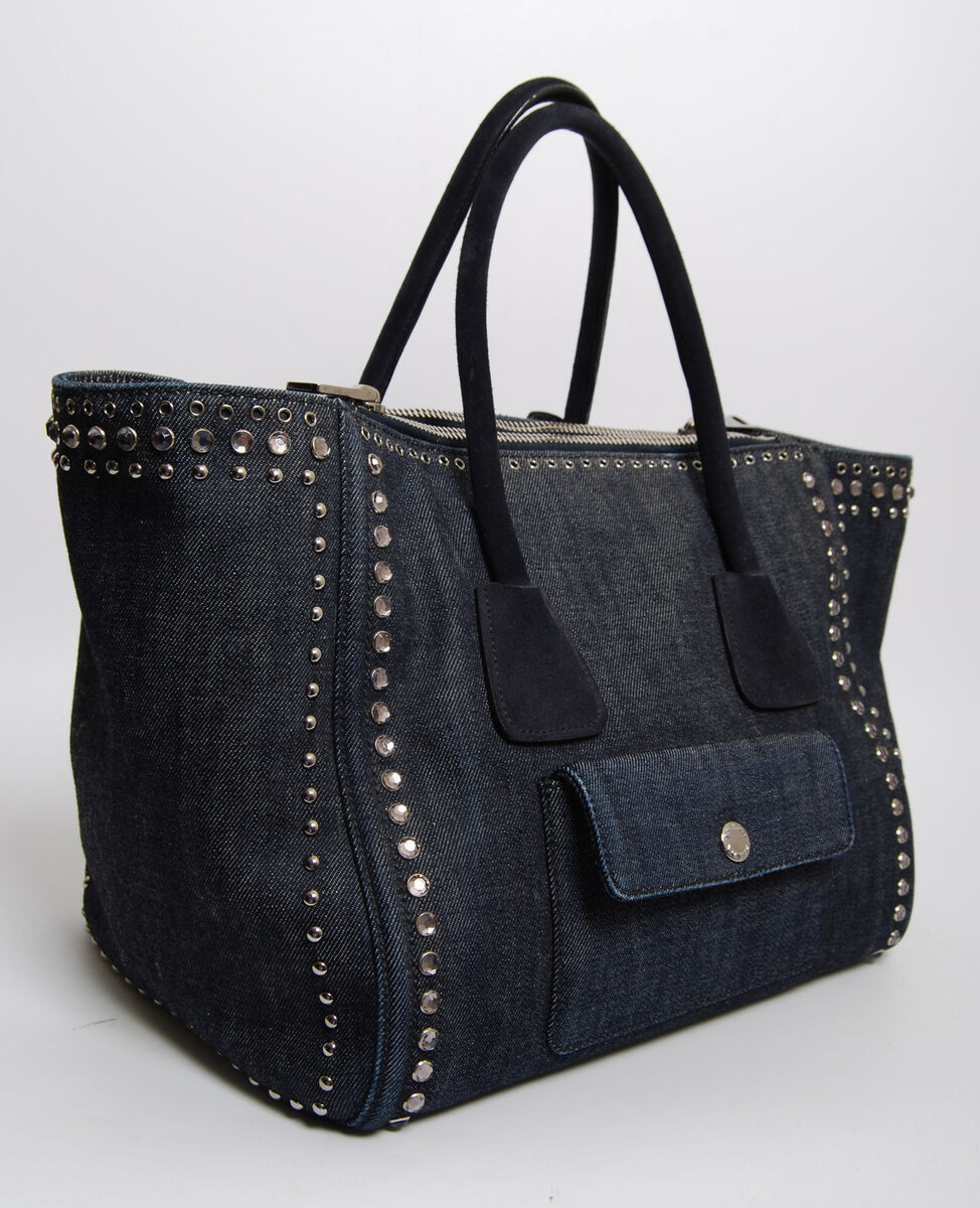 PRADA Women Dark Blue Handbag Cotton Studded Zip Midi Top PRADA Women Dark Blue Handbag Cotton Studded Zip Midi Top