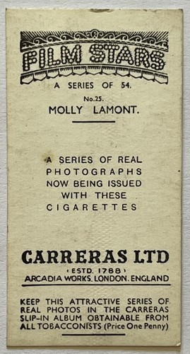 Cigarette Card 1937 - Carreras - Film Stars Card No. 25 - Picture 2 of 2