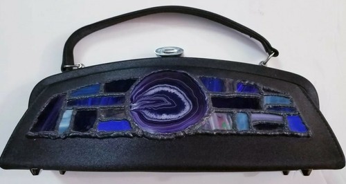 VTG Natural Stone Crystal Handbag Embellished Black Satin Womens - Picture 2 of 12
