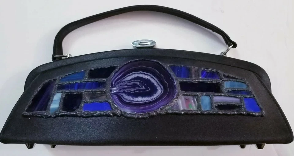 VTG Natural Stone Crystal Handbag Embellished Black Satin Womens  - Image 2 of 4