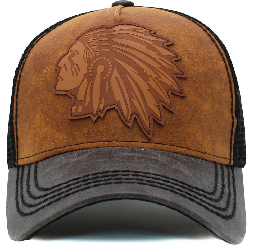Native American Big Chief Meshback Trucker Style Cap Black & Tan Hat by KB Ethos - Image 2 of 3