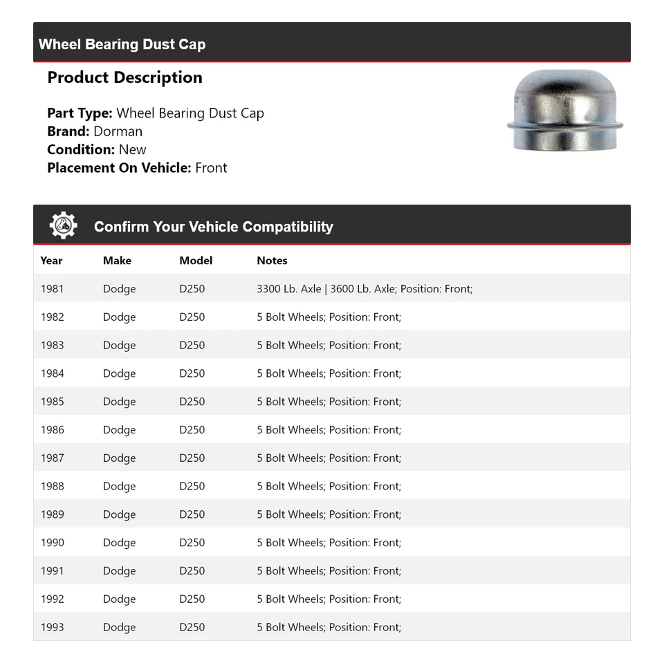 Tapa antipolvo para cojinete de rueda delantero para Dodge D250 Dorman 1981-1993 1982 1984 1985 Foto 2 de 4