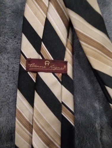 Etienne Aigner Vintage Black And Brown Beiges Striped Ripp Tie - Picture 3 of 4