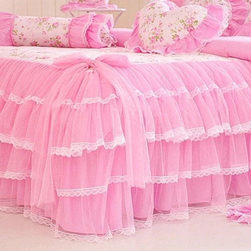 Korea Pink Princess Bedding Set Lace Bow Ruffles Flower Printed Cover Bed Skirt - Image 3 of 4