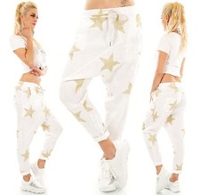 Damen Harem Hose Leinen JogPants Baggy Boyfriend Freizeithose Gold Silber Sterne