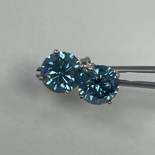 Lab Created Blue Diamond Round Stud Earring 14kt white gold 4.24ct IGI Certified - Picture 6 of 8