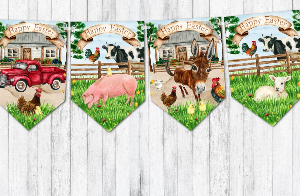 Счастливой пасхи домашней птицей и животными, флаги и ленты украшения - Изображение 4 из 4