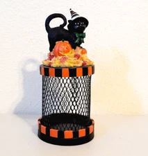 See's Candies Collectible Black Cat with Pumpkin Wire Candy Novelty Container 8"