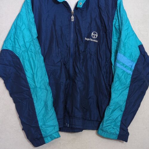 Vintage Sergio Tacchini Track Jacket Bomber XL US44 EU54 Blue Nylon Shiny Mens - Picture 2 of 16