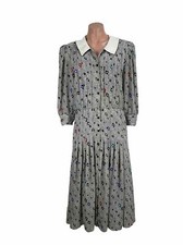 Vtg MS Chaus Dress 6 Secretary Gray Polkadot Flare Ruffle Lagenlook Cottage Core