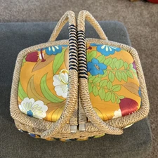 Vtg Woven Wicker Sewing Basket Box Large 70s  Flowers MCM Floral Japan