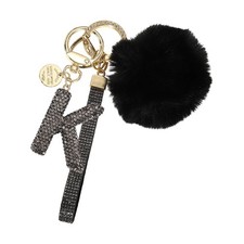 Initial Letter K Keychain with Pom and Rhinestone Wristlet, Grey